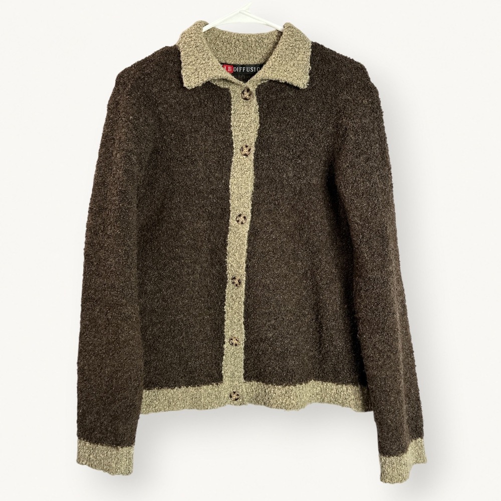 I.B. Diffusion L Brown Boucle Wool Blend Collared Cardigan Preppy Button Front